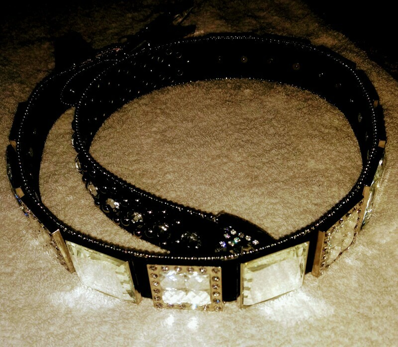 Clear Diamond Black leather Belt/All Sizes