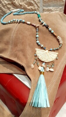 Collier sautoir éventail vert d' eau 