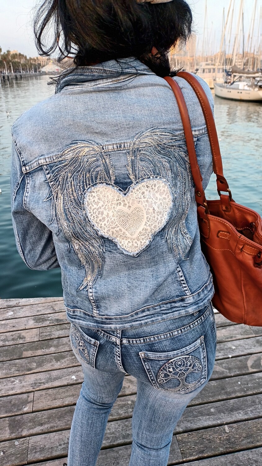 Veste jean denim coeur dentelle strass