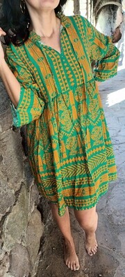 Robe courte Gala imprimé ethnique  vert et orange 