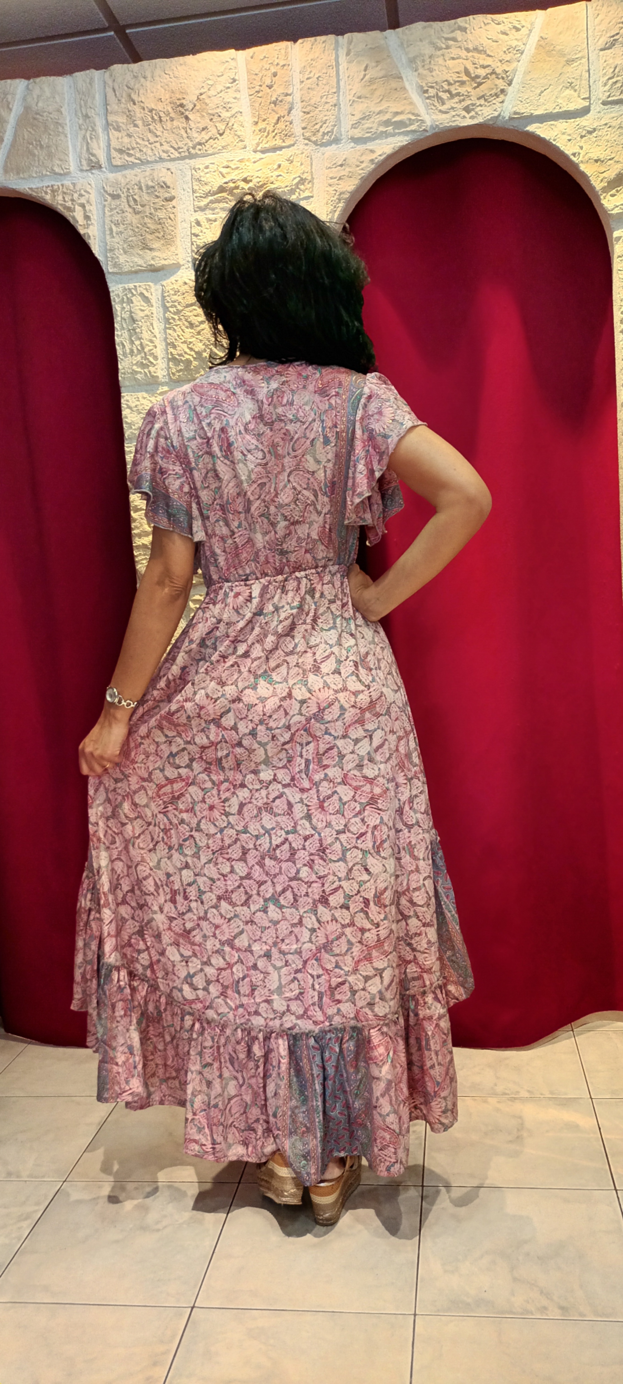 Robe longue asymétrique Ella imprimé rose