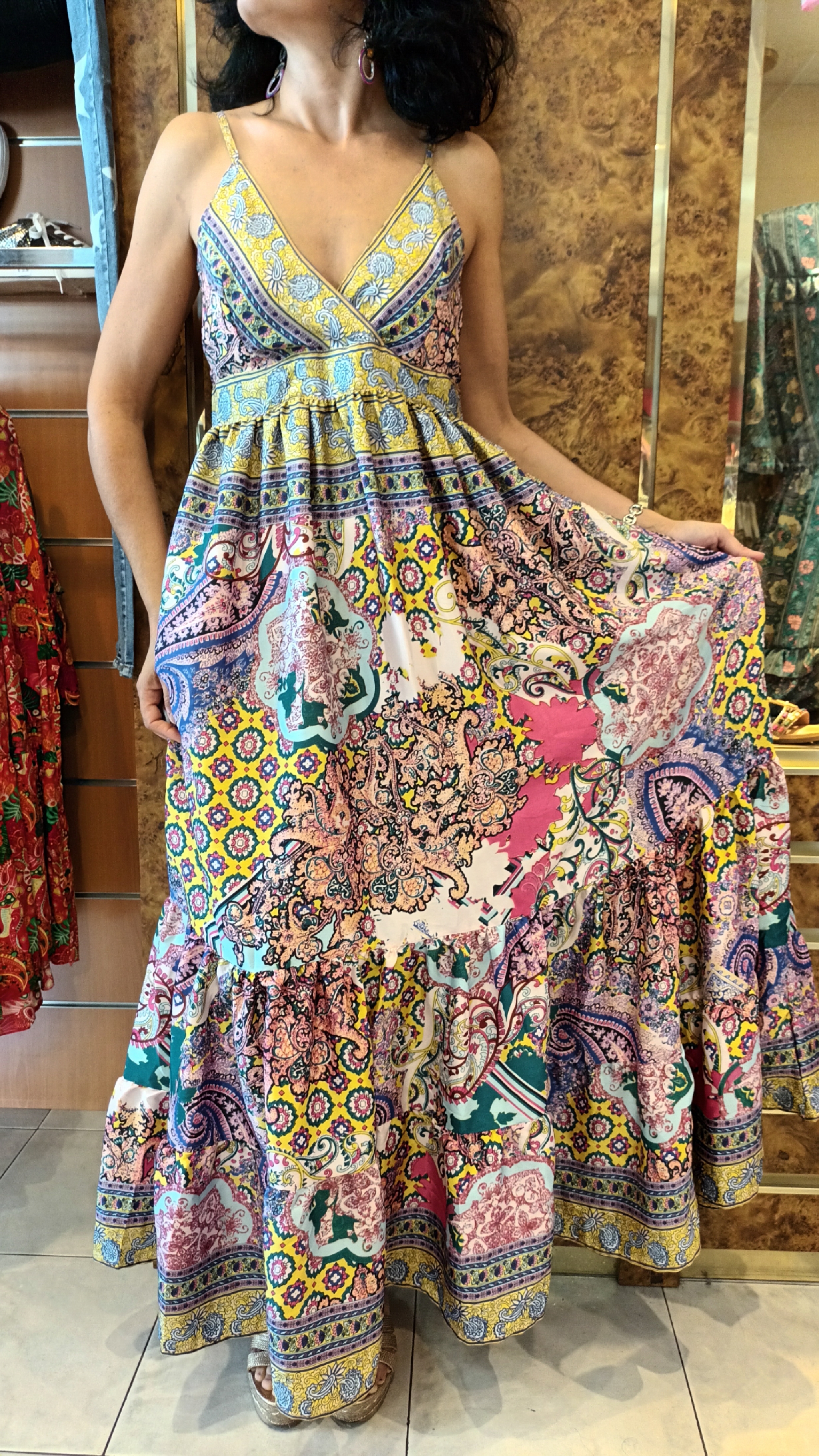 Robe longue Kerala imprimeé cachemire à volants jaune