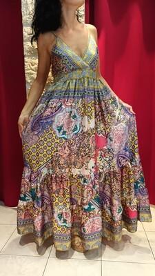 Robe longue Kerala imprimeé cachemire à volants jaune
