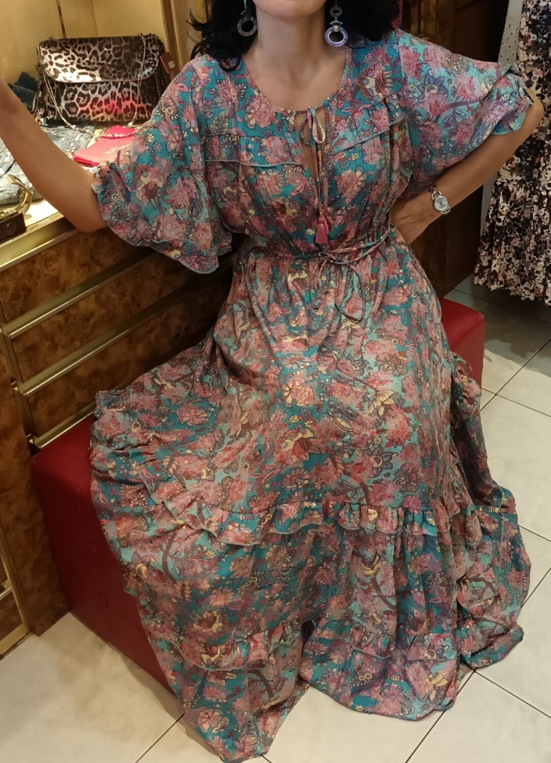 Robe longue Ashley imprimé fleurs à volants tourquoise 