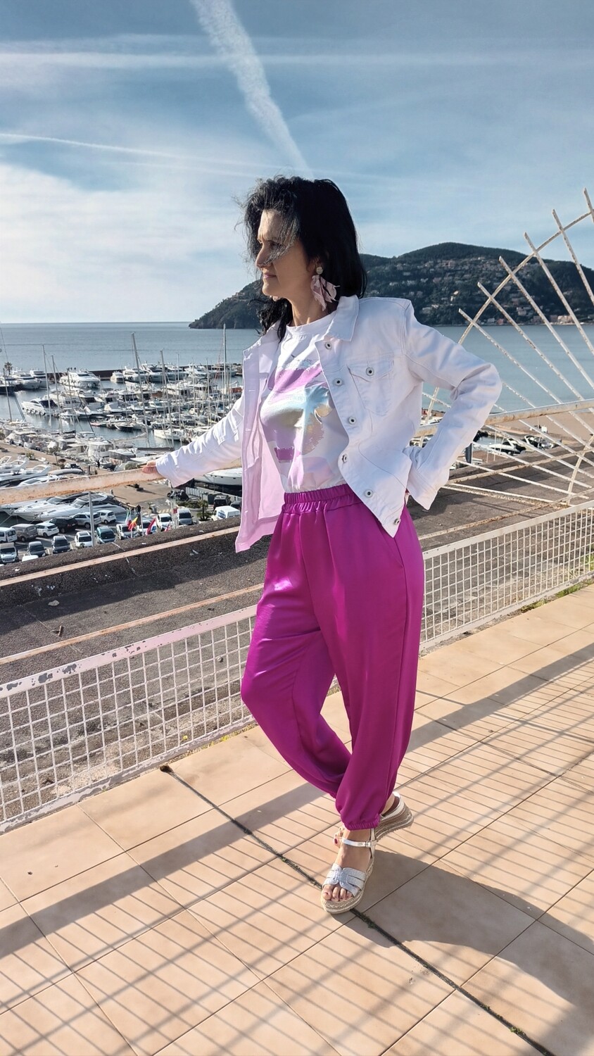 Pantalon satiné fluide fuchsia 