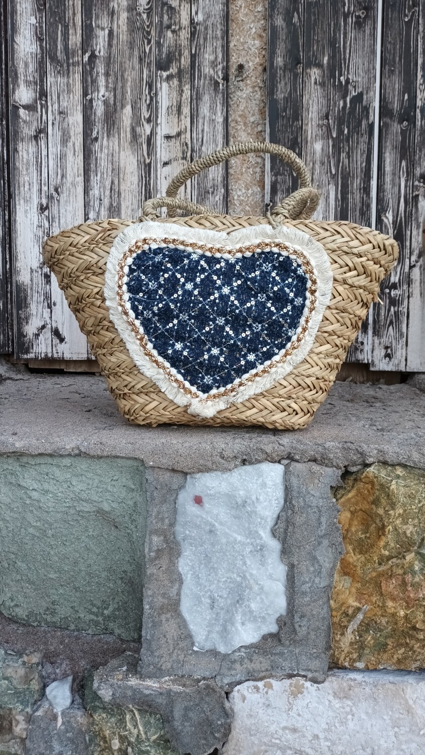 Sac Panier bohème Cœur jean brillant 