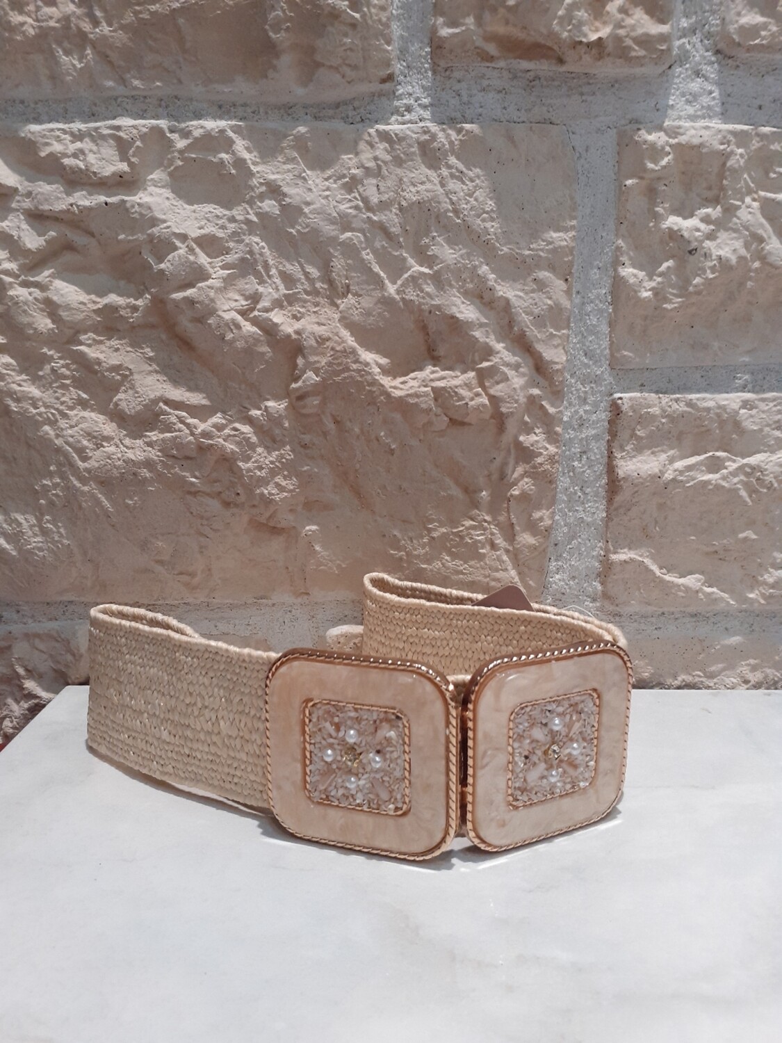 Ceinture raphia elastique écru boucle carré 