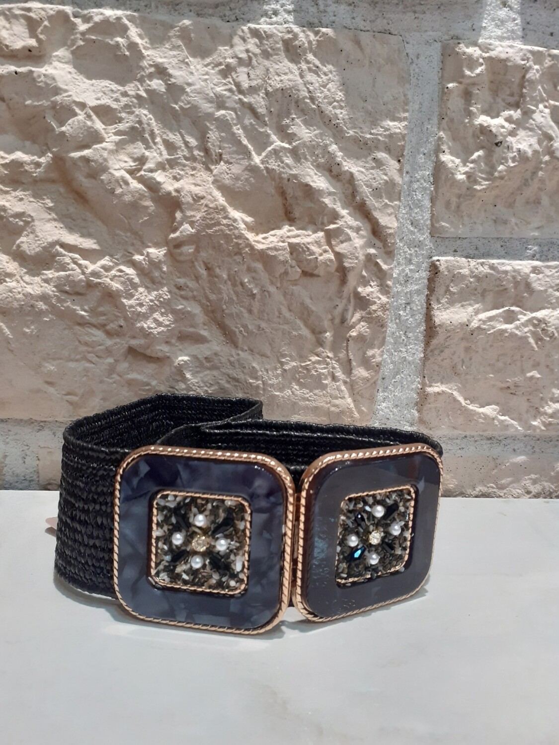 Ceinture raphia élastique noir boucle carré 