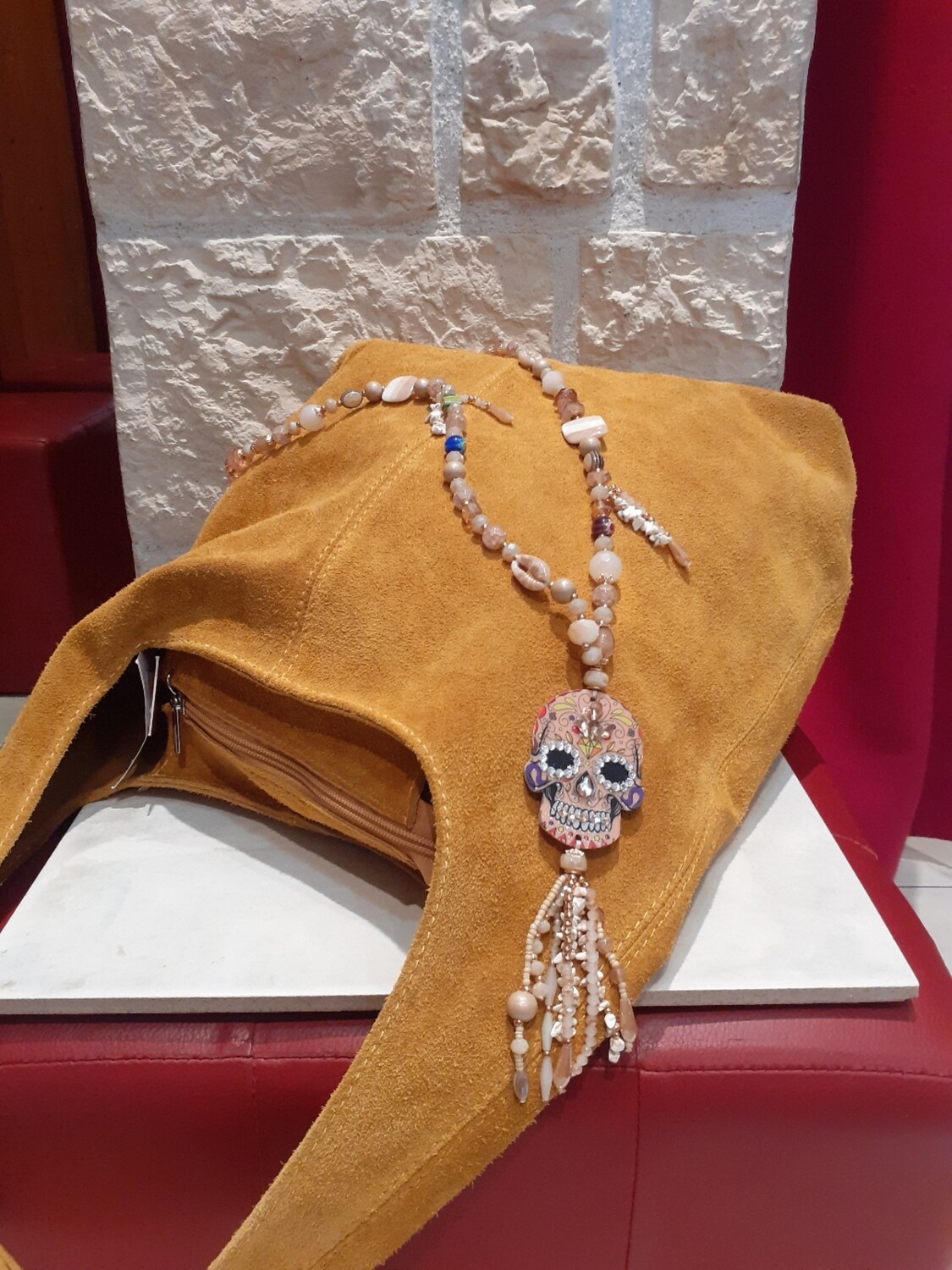 Collier sautoir Skull beige 
