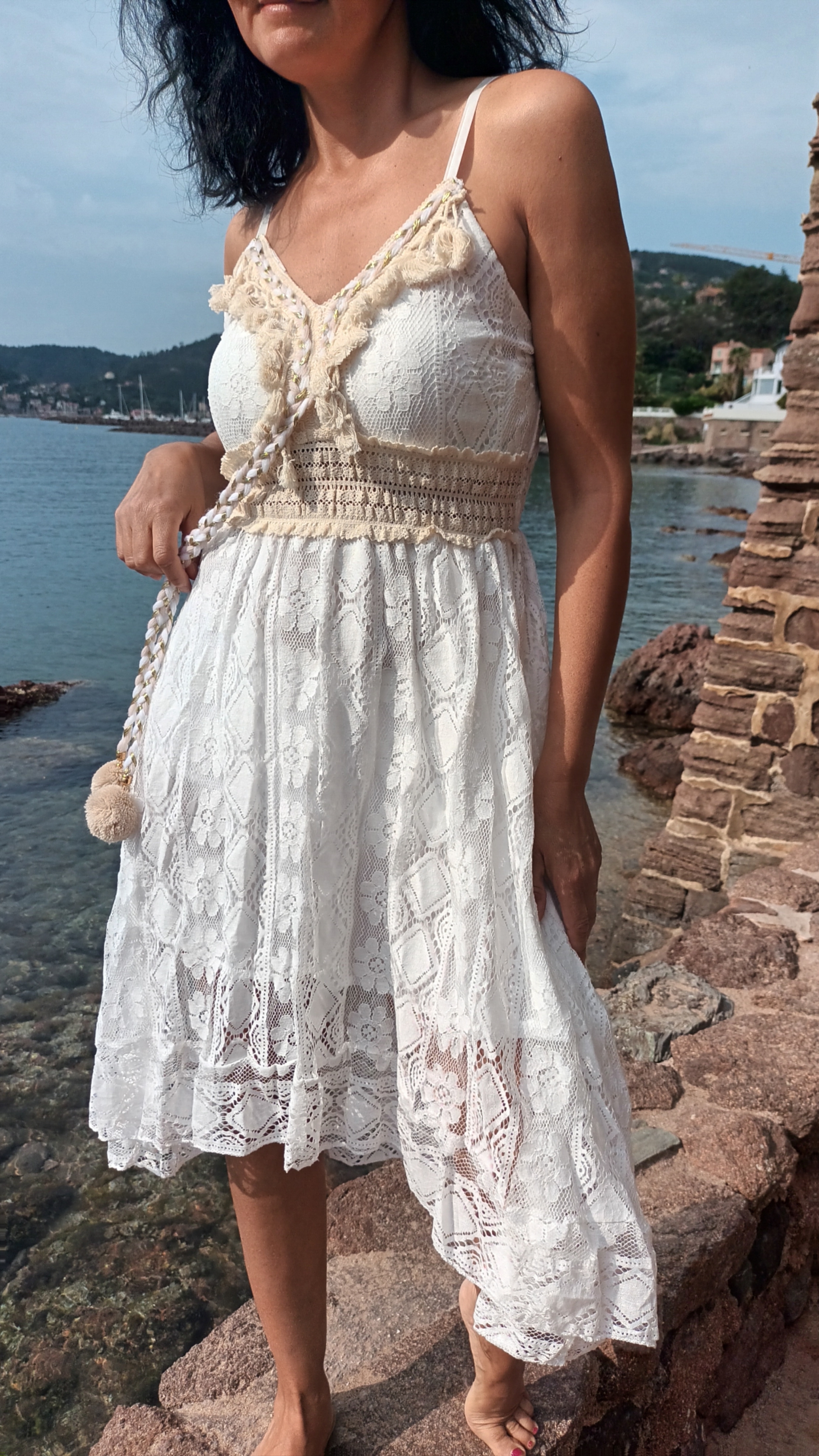 Robe bohème asymétrique blanc cassé