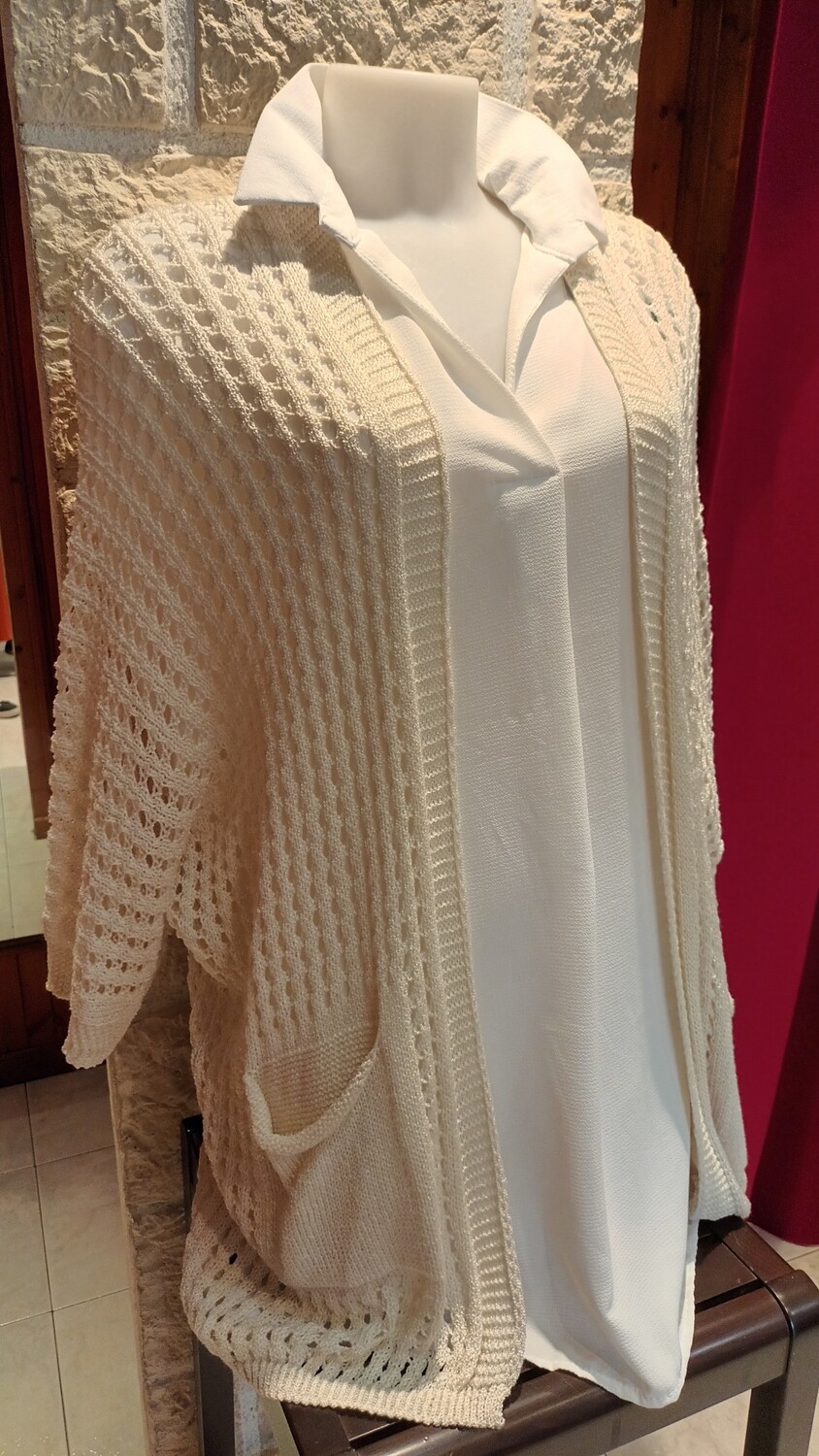 Gilet long ajouré beige 
