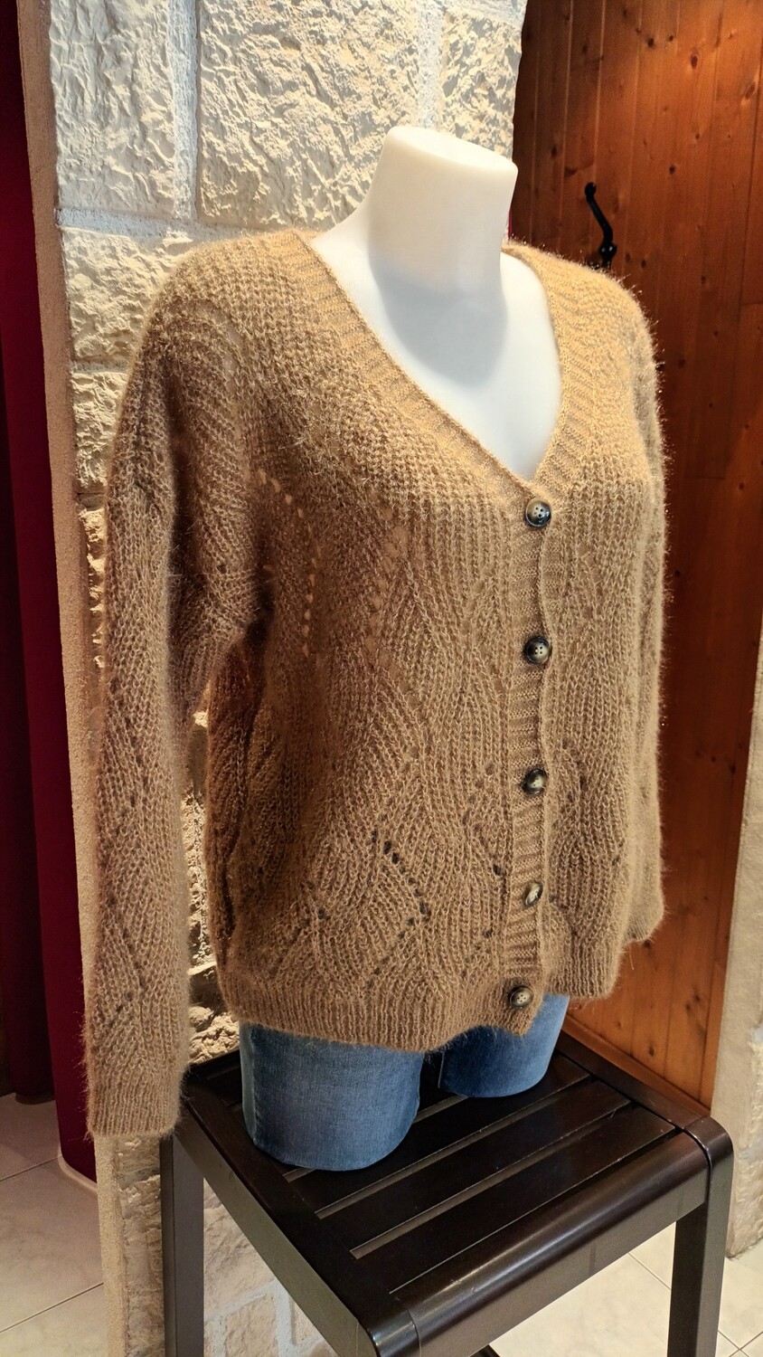 Cardigan à motifs ajourés camel 