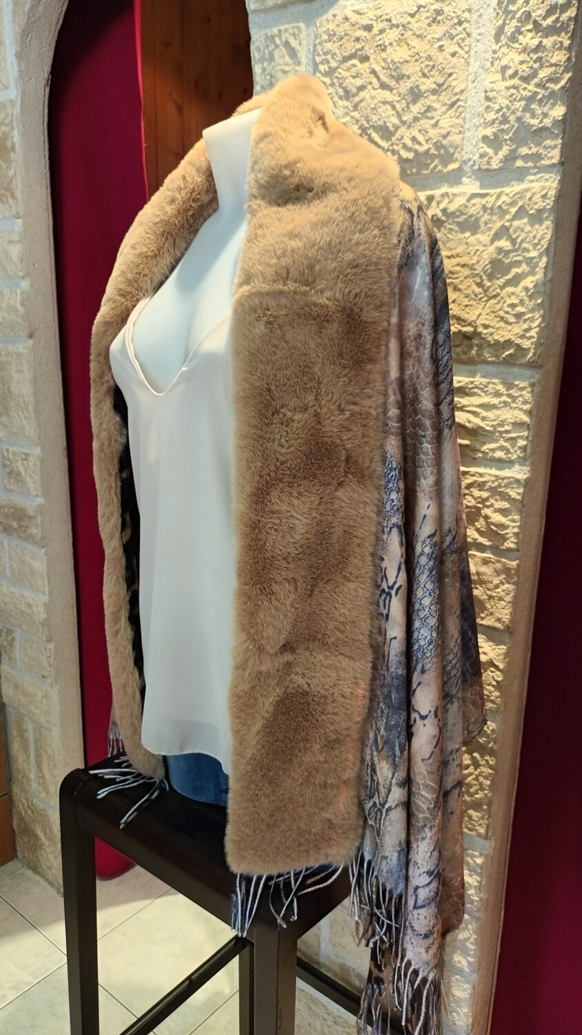 Étole réversible col fourrure taupe clair