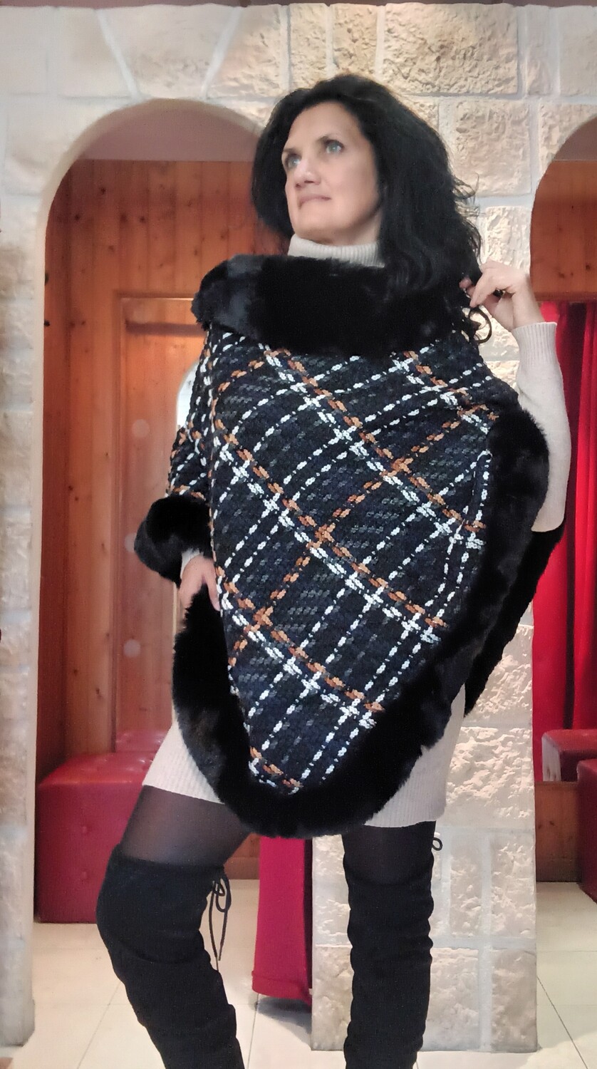 Poncho tweed fourrure noir