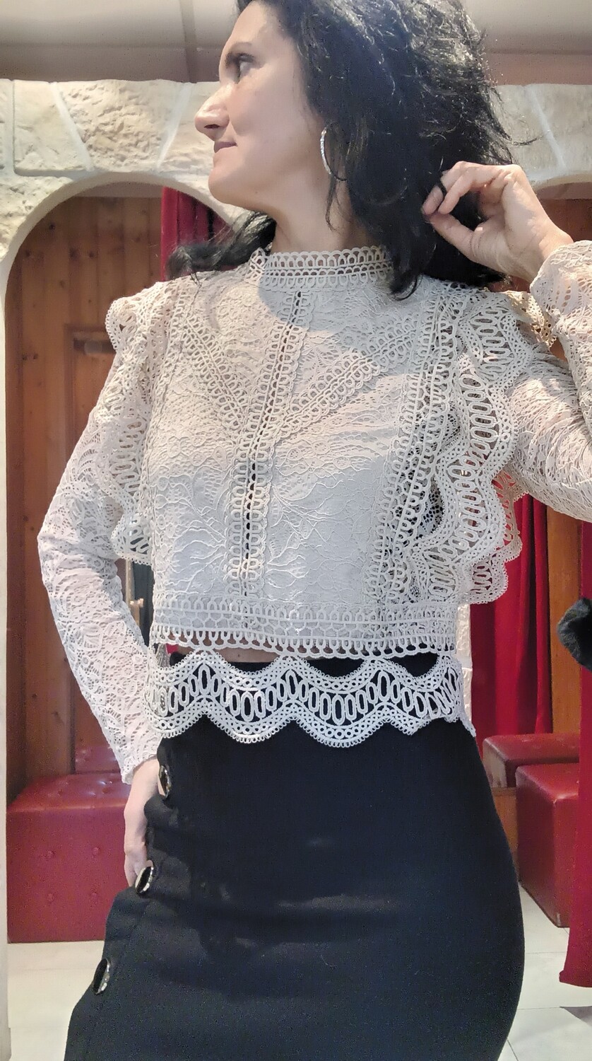 Top dentelle zip beige