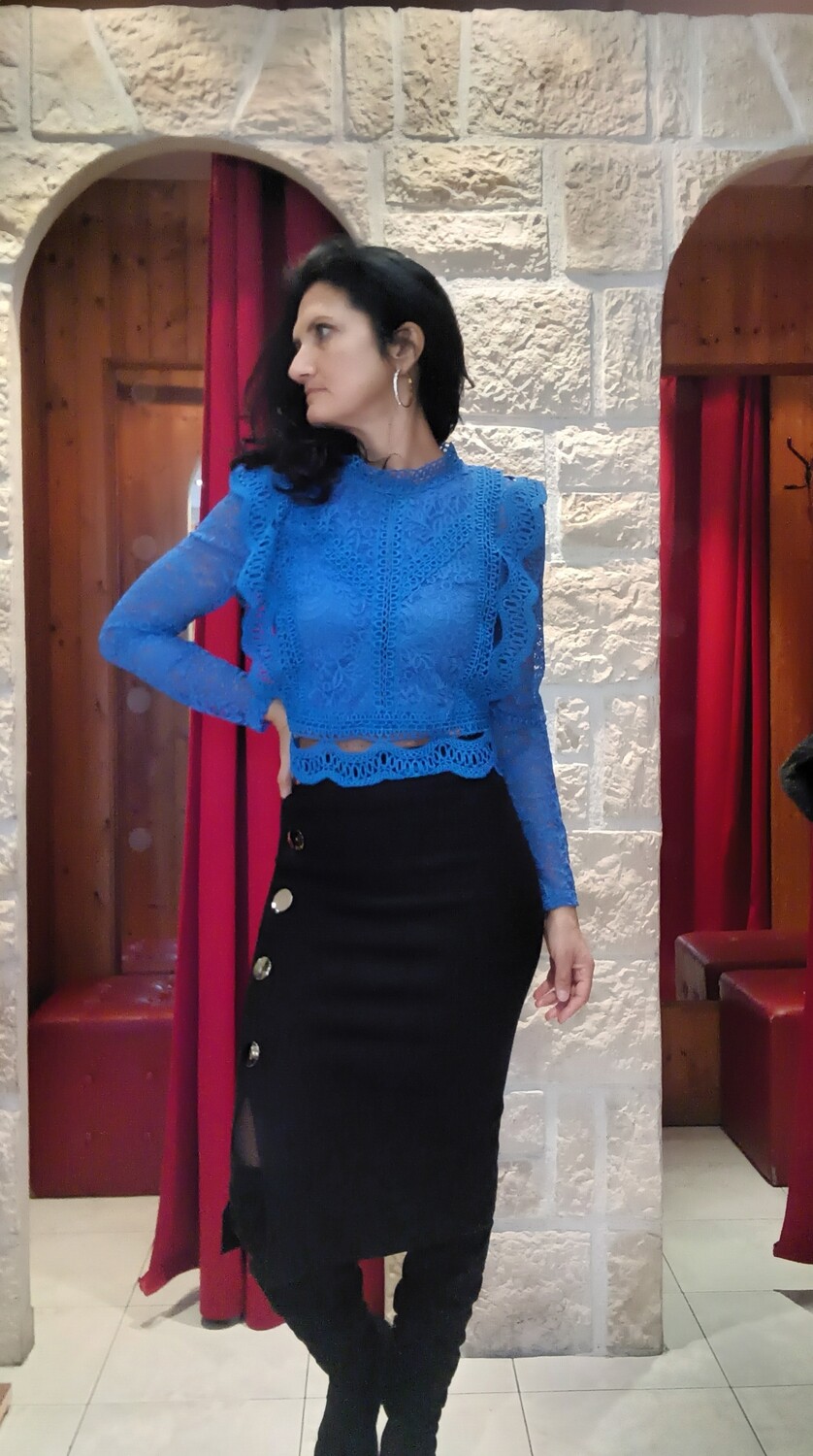 Top dentelle zip bleu royal