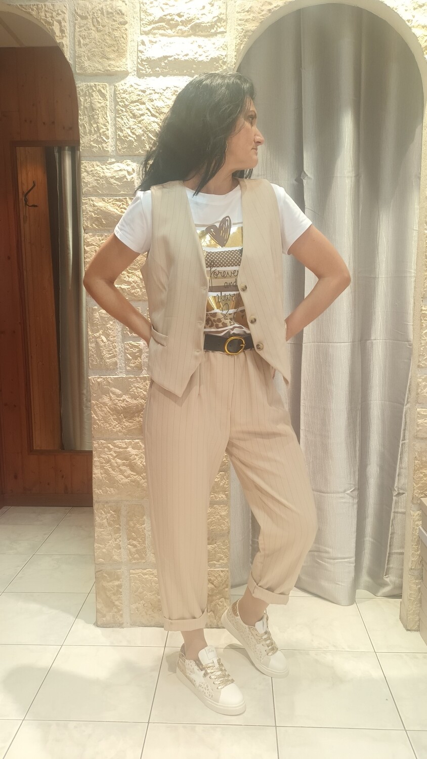 Pantalon rayures beige