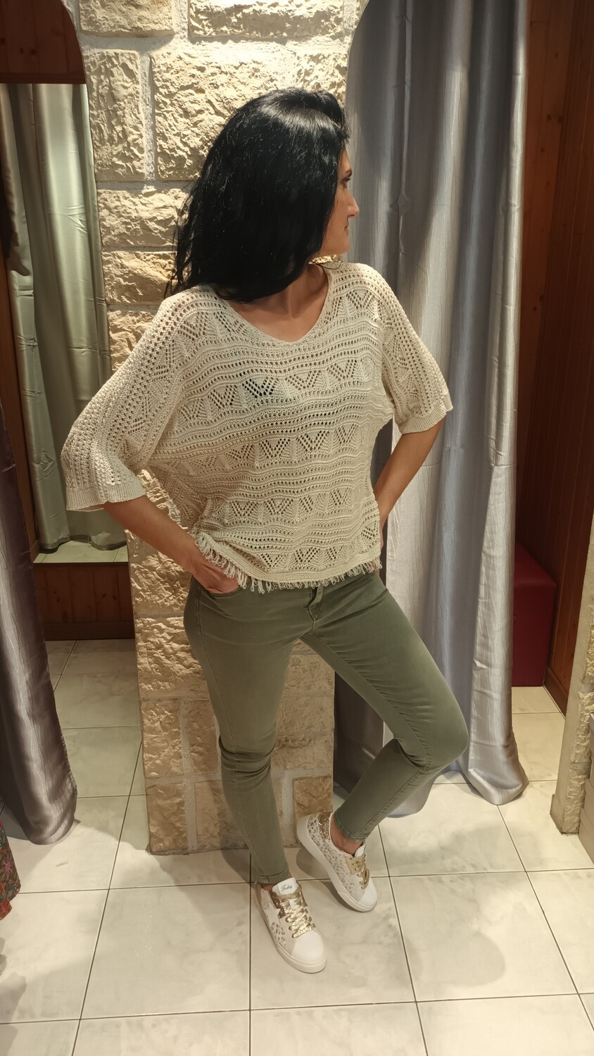 Pull à motifs ethniques beige 