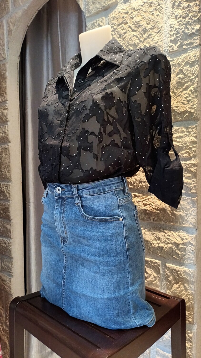 Chemise dentelle strass noir