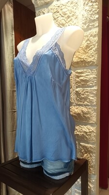 Débardeur satiné dentelle bleu jean