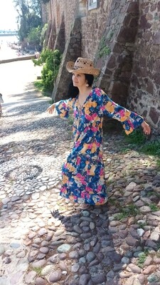 Robe longue Liliane imprimé floral bleu royal