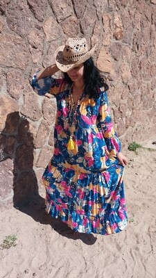 Robe longue Liliane imprimé floral bleu royal