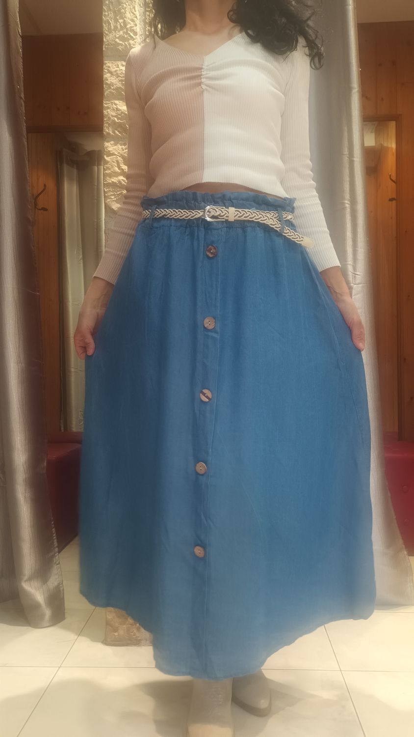 Jupe longue jean boutons denim bleu foncé 