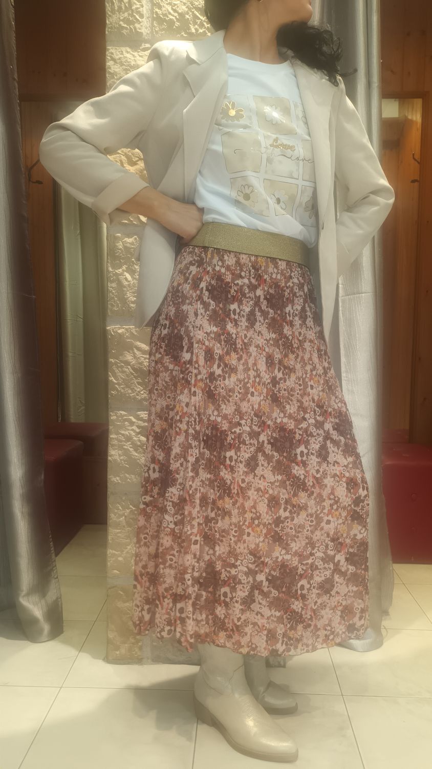 Jupe plissée longue Fleuri caramel 