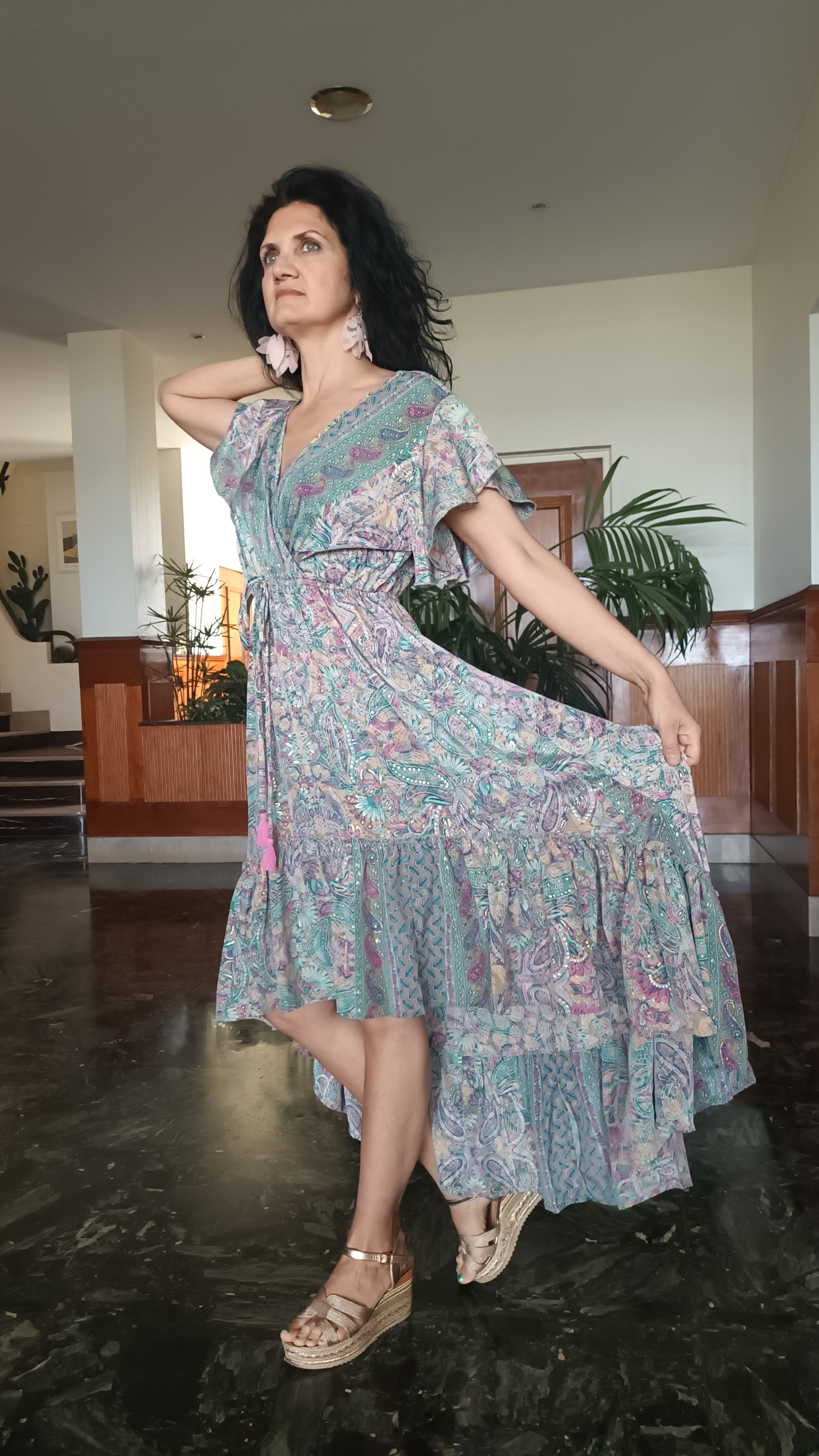 Robe longue asymétrique Ella imprimé vert d' eau