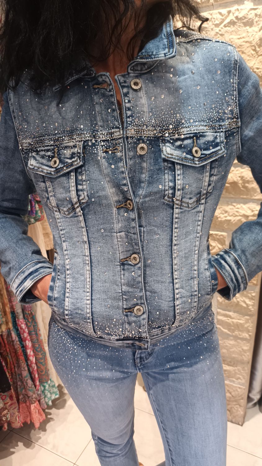 Veste jean strass denim clair