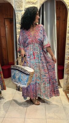 Robe longue Orientale bleu et rose