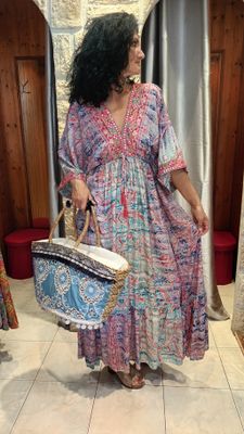 Robe longue Orientale bleu et rose 
