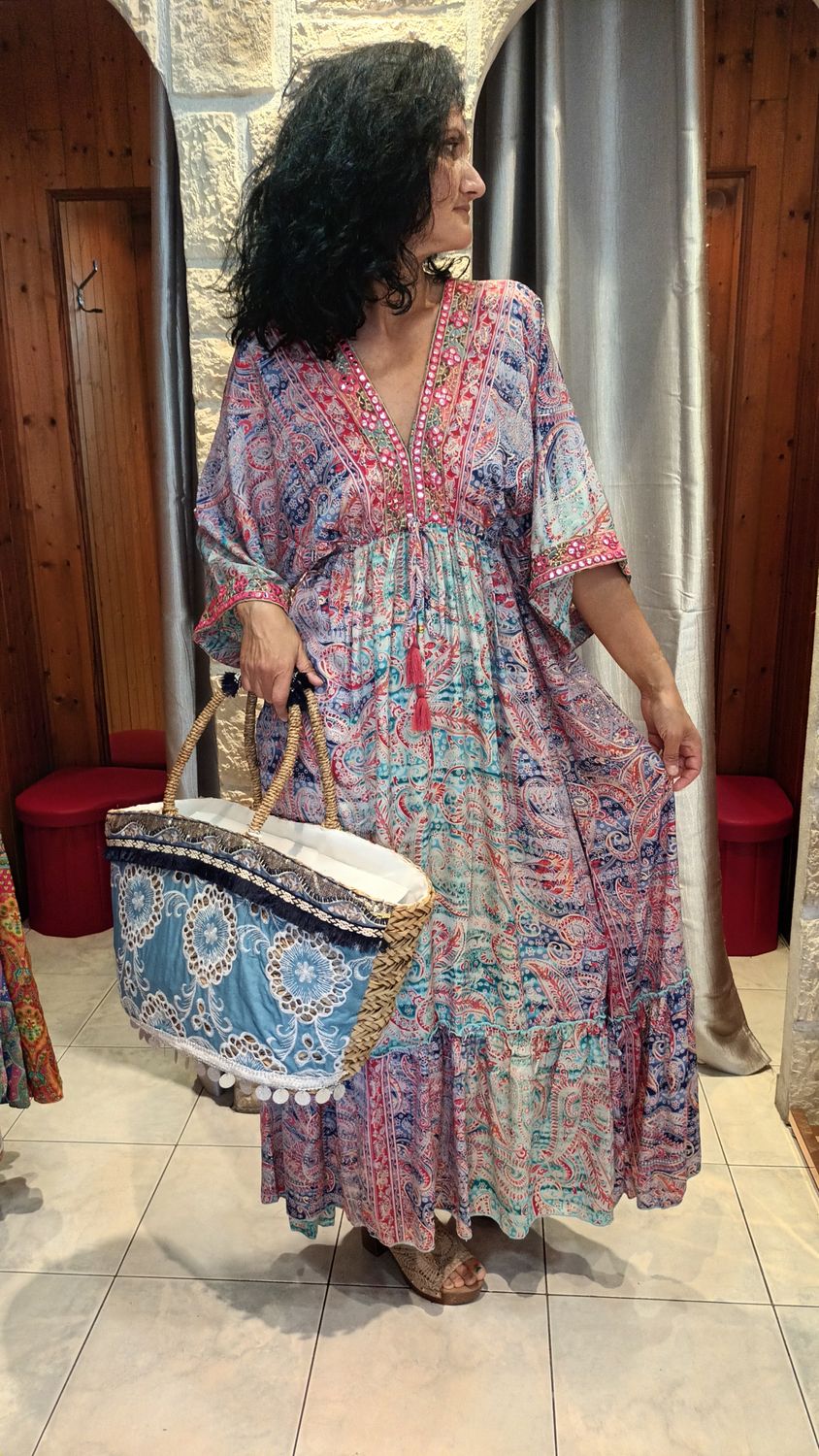 Robe longue Orientale bleu et rose 