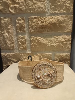 Ceinture raphia rond fleuri beige