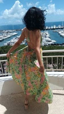 Robe longue dos nu vert et rose