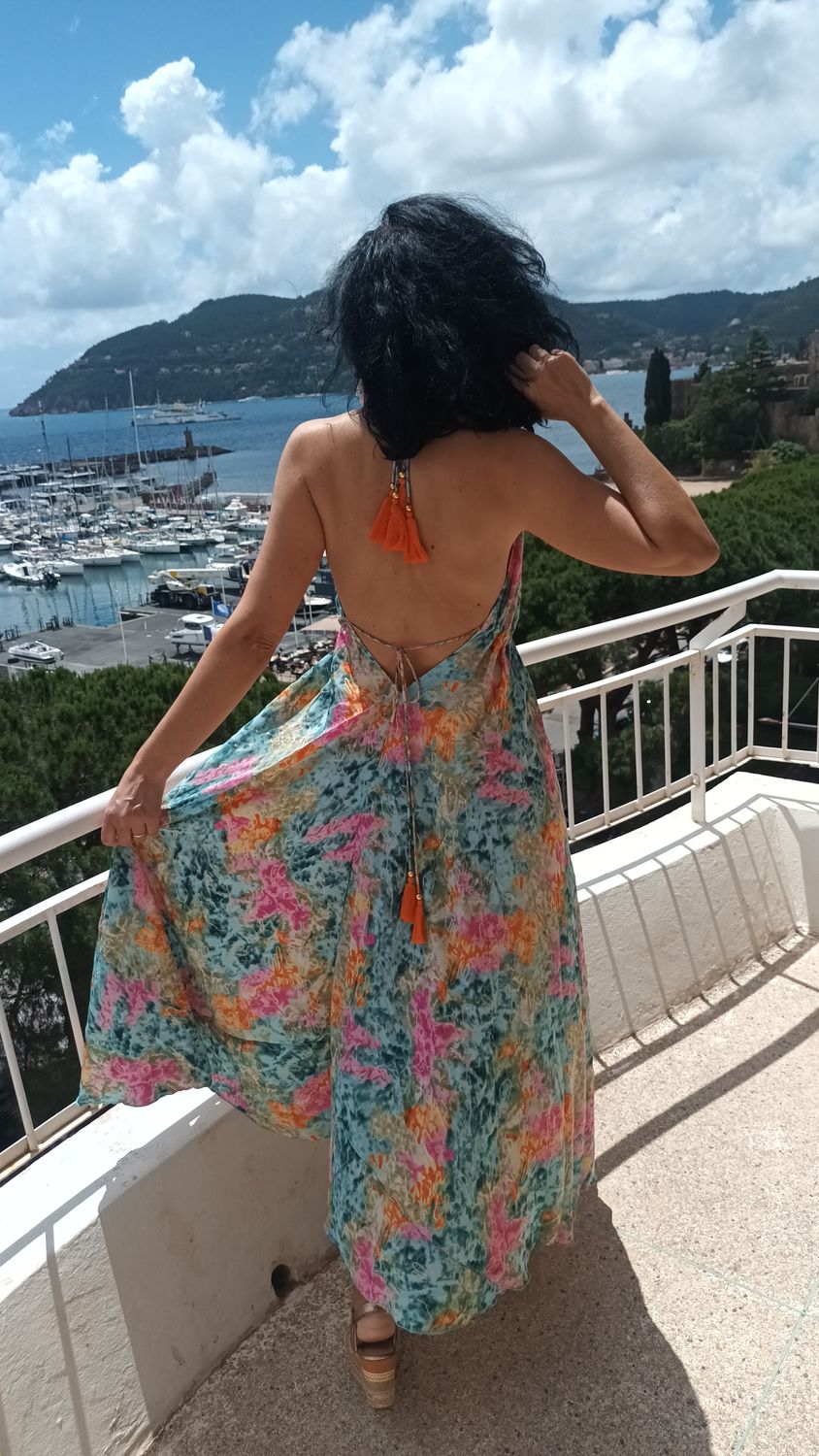 Robe longue dos nu turquoise et jaune 