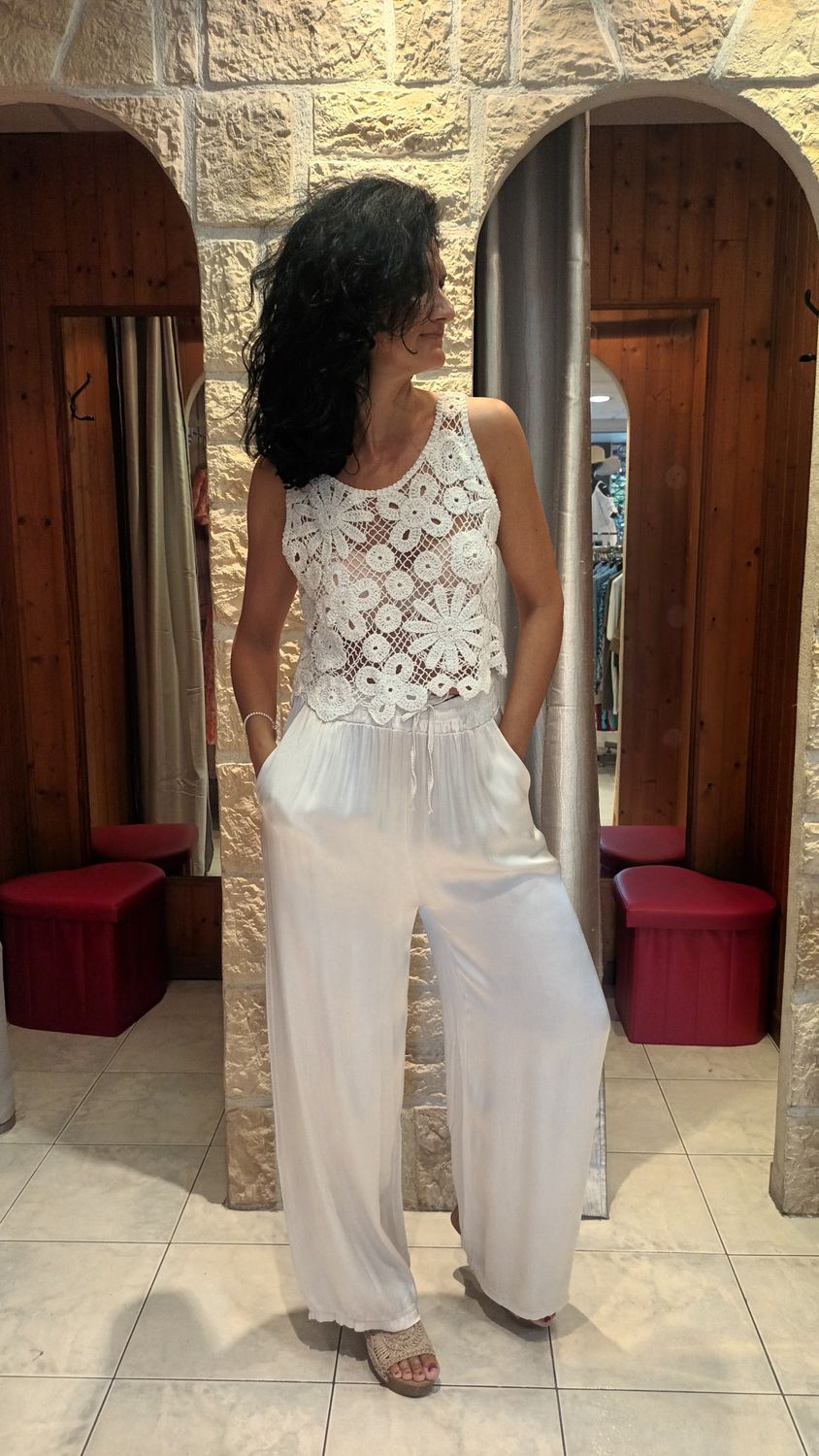 Pantalon satiné uni écru 