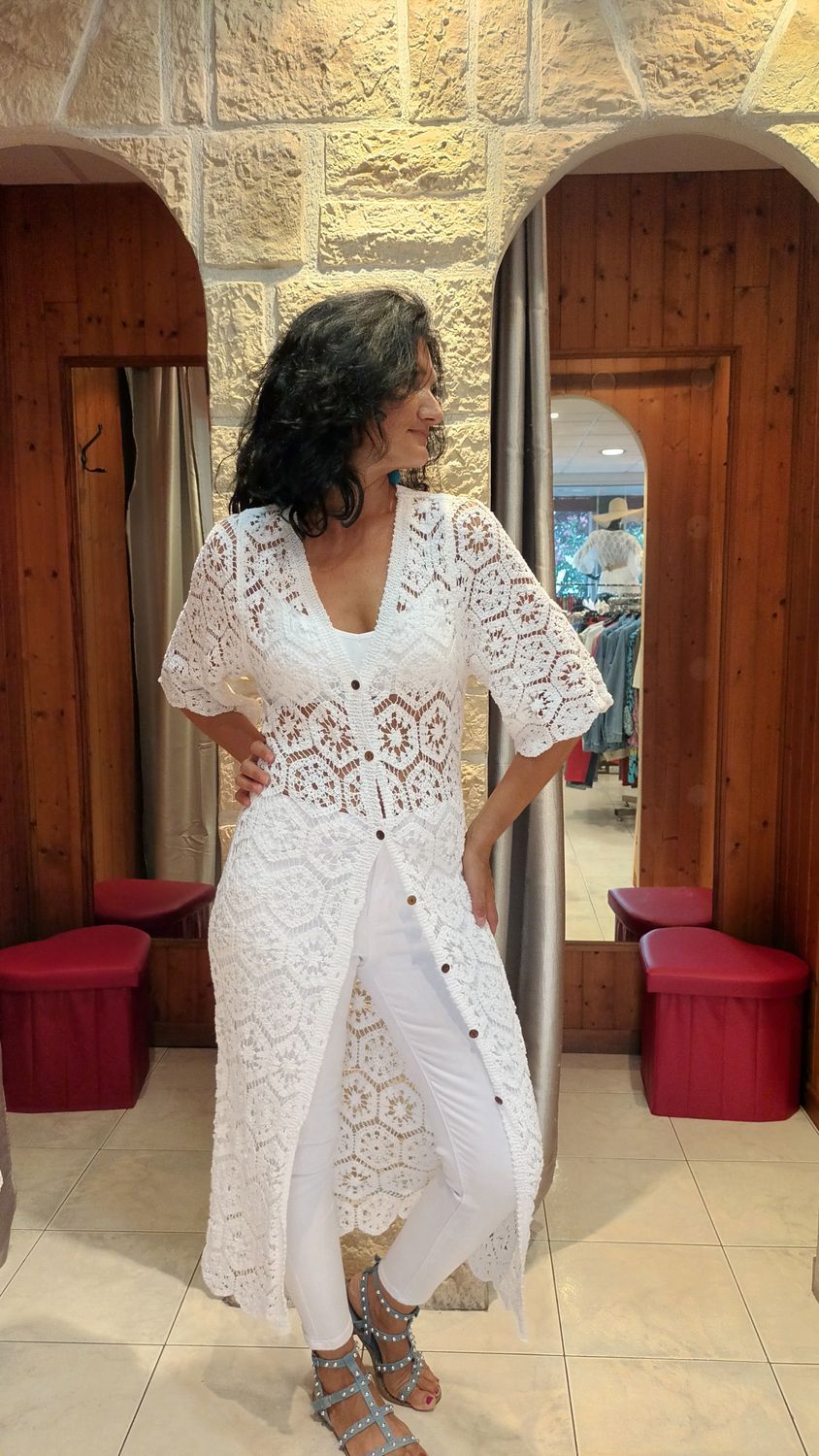 Kimono long crochet blanc 
