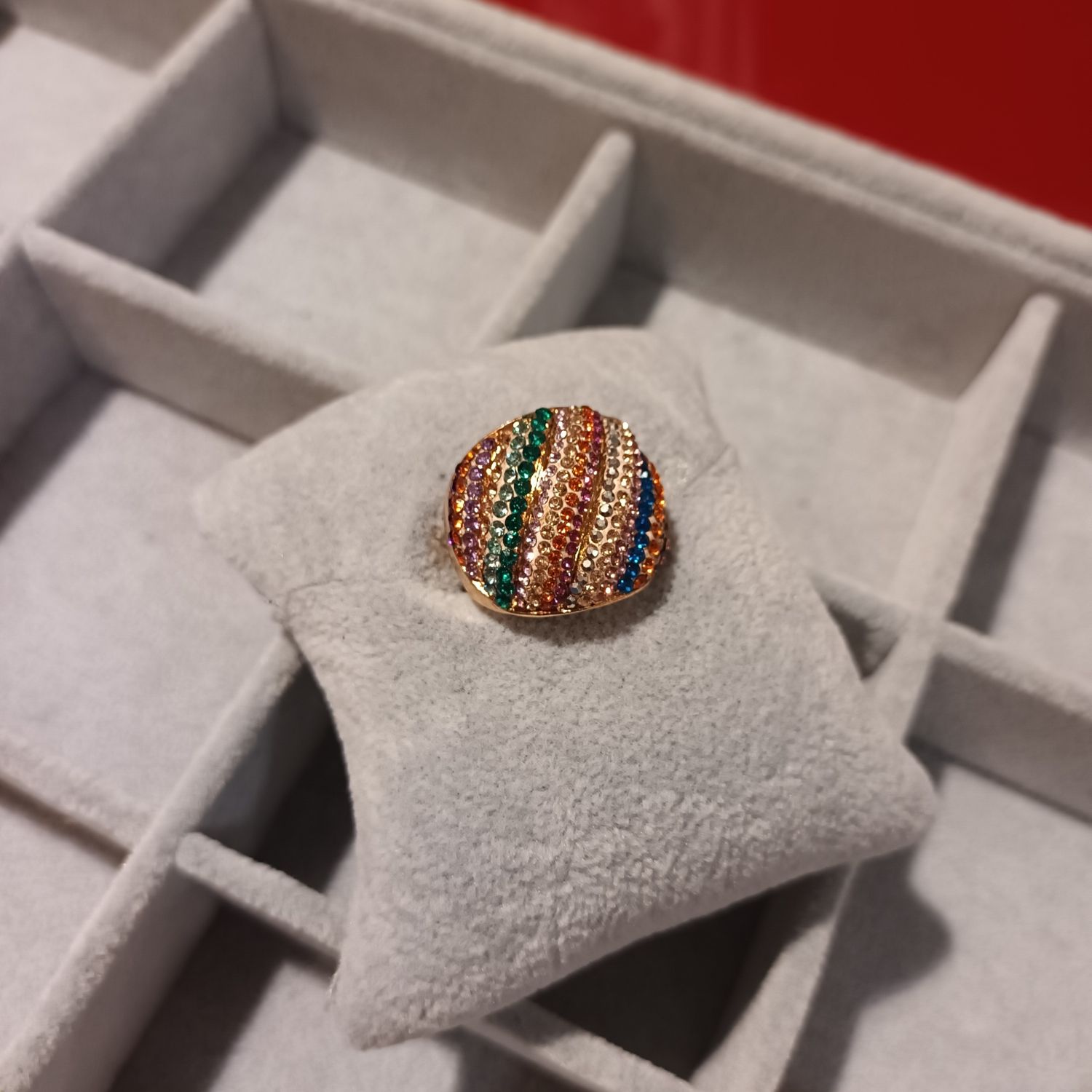 Bague fantaisie à bandes cuivré strass multicolore 
