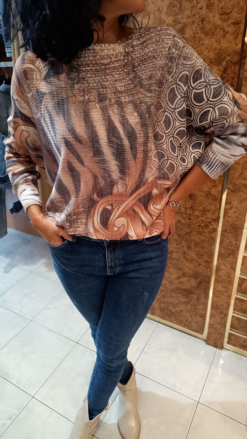 Pull maille imprimé marron
