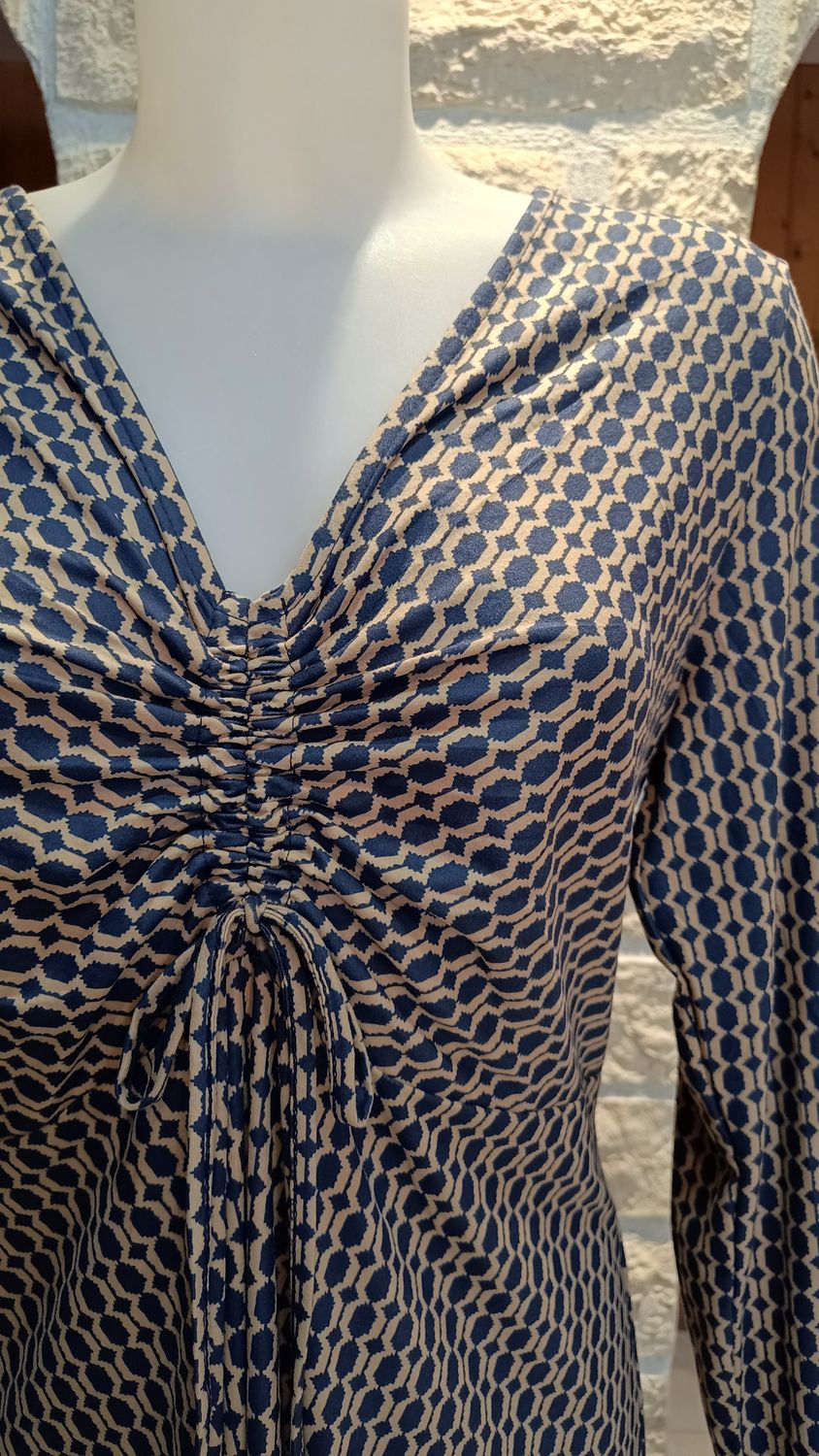 Robe imprimée vintage camel et bleu