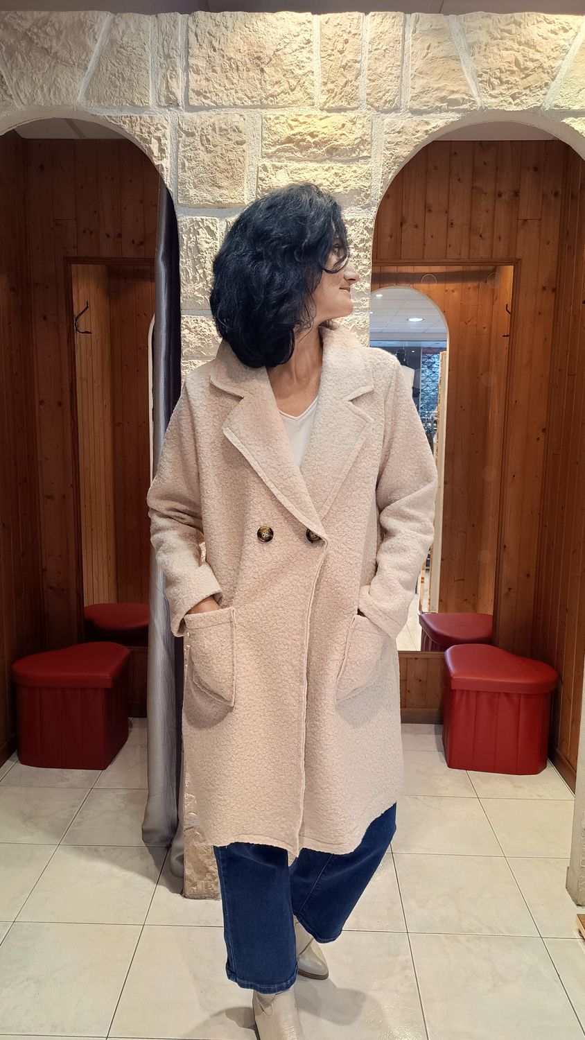 Manteau bouclette beige rosé 