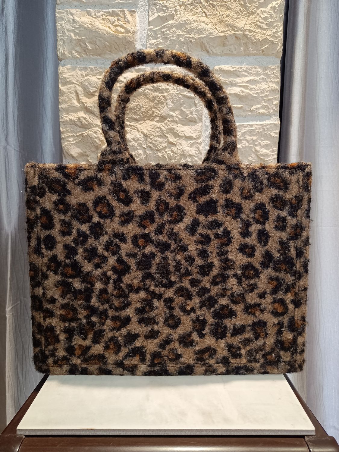 Sac cabas bouclette Léopard camel