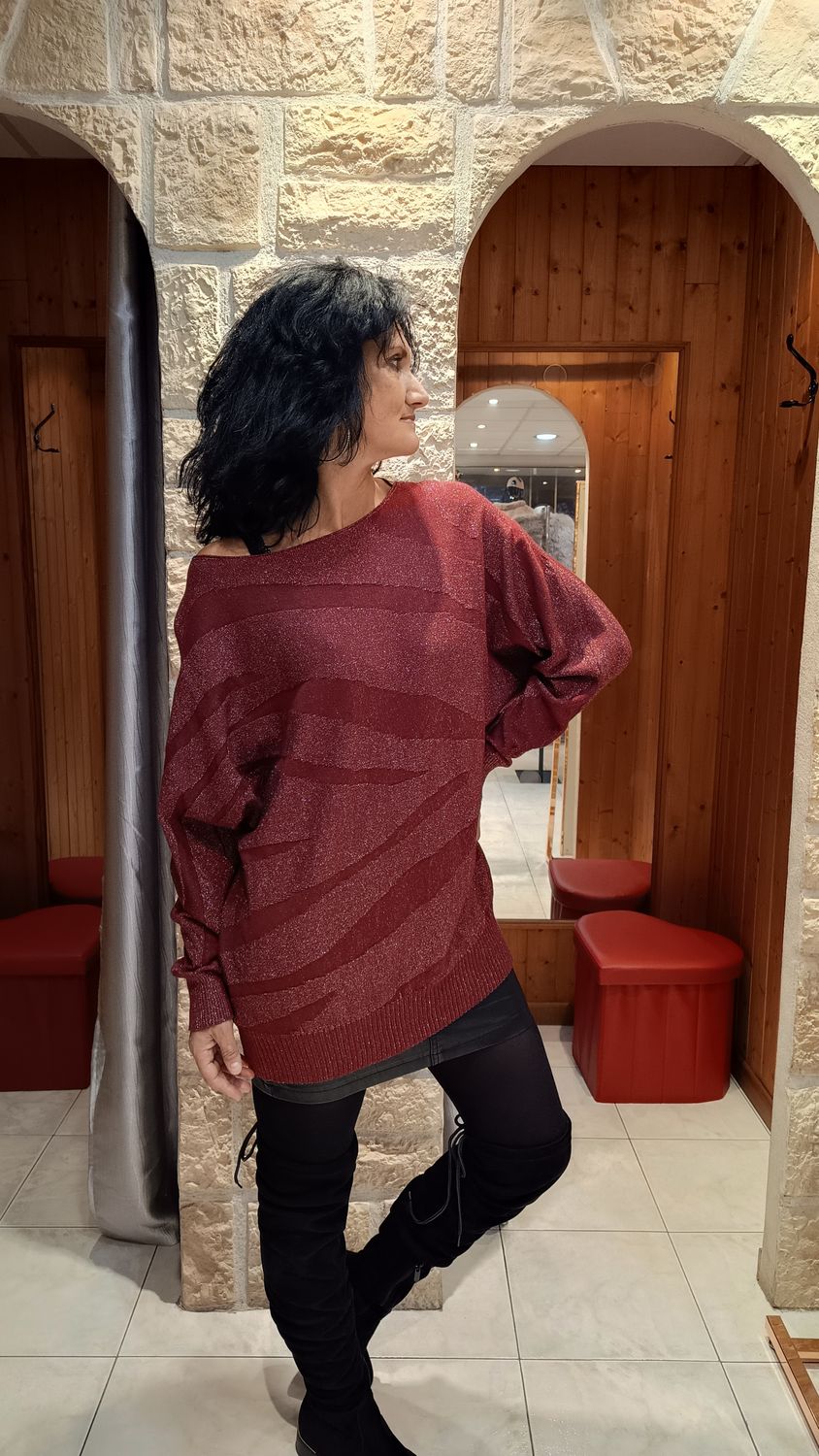 Pull tunique brillant bordeaux 