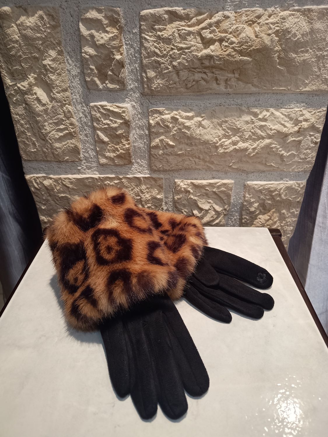 Gants femme mitaines léopard noir