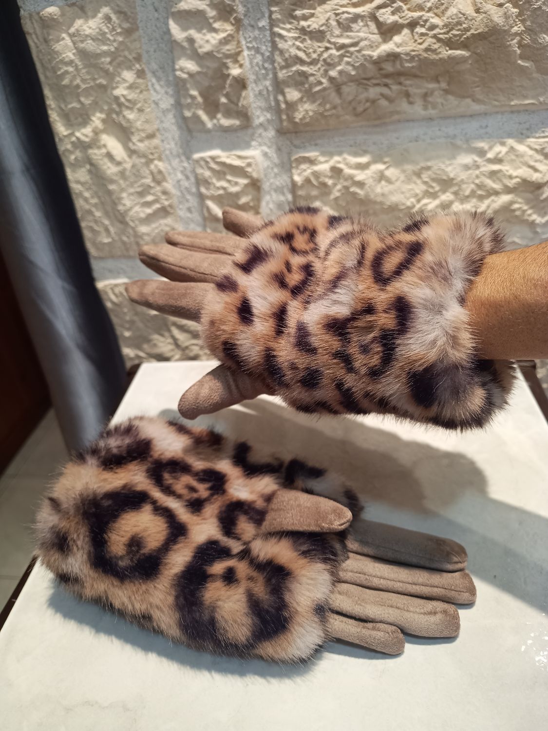 Gants femme mitaines léopard taupe