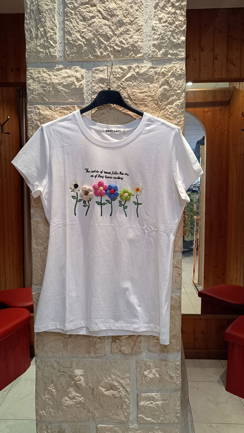 T-shirt Fleurs brodées blanc 