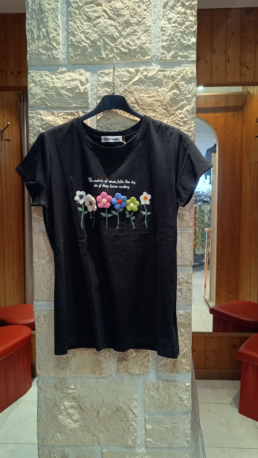 T-shirt Fleurs brodées noir