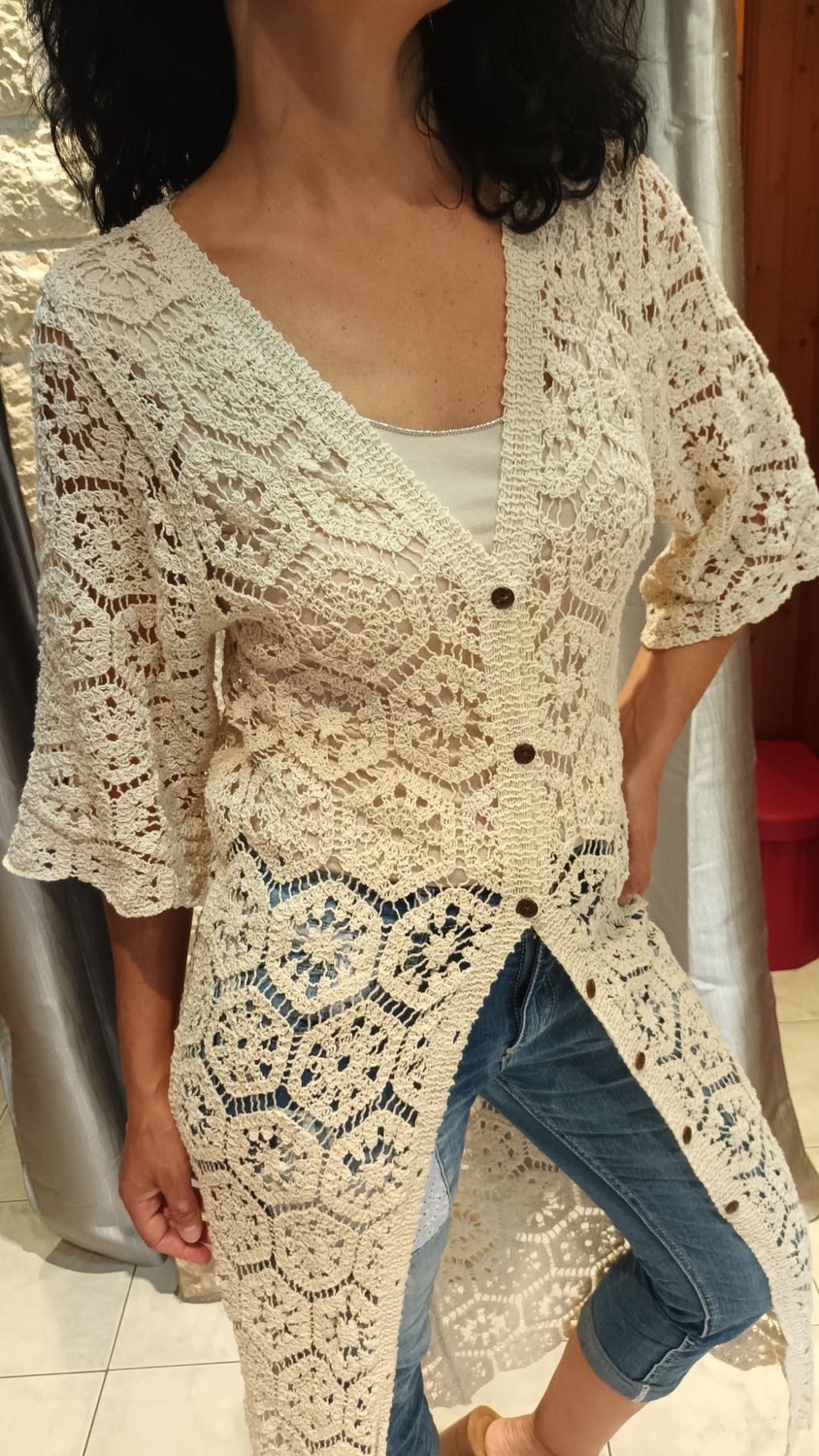 Kimono long crochet beige 