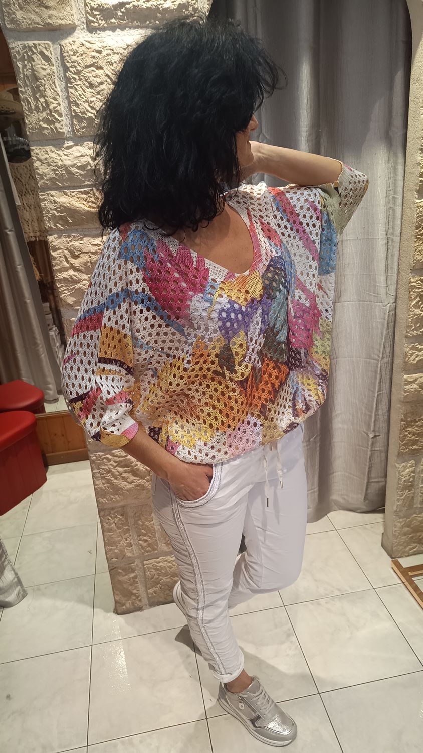 Maille ajourée imprimé fleurs 